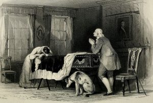 Drawing of a woman resting her head on her arms at one end of coffin. A man wearing a white wig prays at the other end of coffin. A spotted hunting dog lowers its head beside the man who is praying.