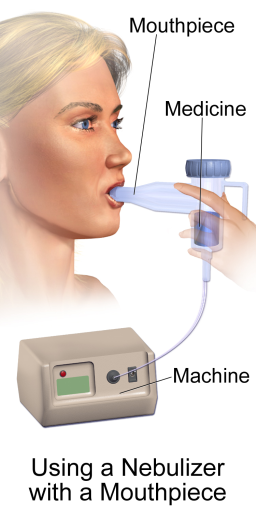 "Nebulizer_Mouthpiece.png" by BruceBlaus is licensed under CC BY-SA 4.0 An illustration depicting a nebulizer mouthpiece