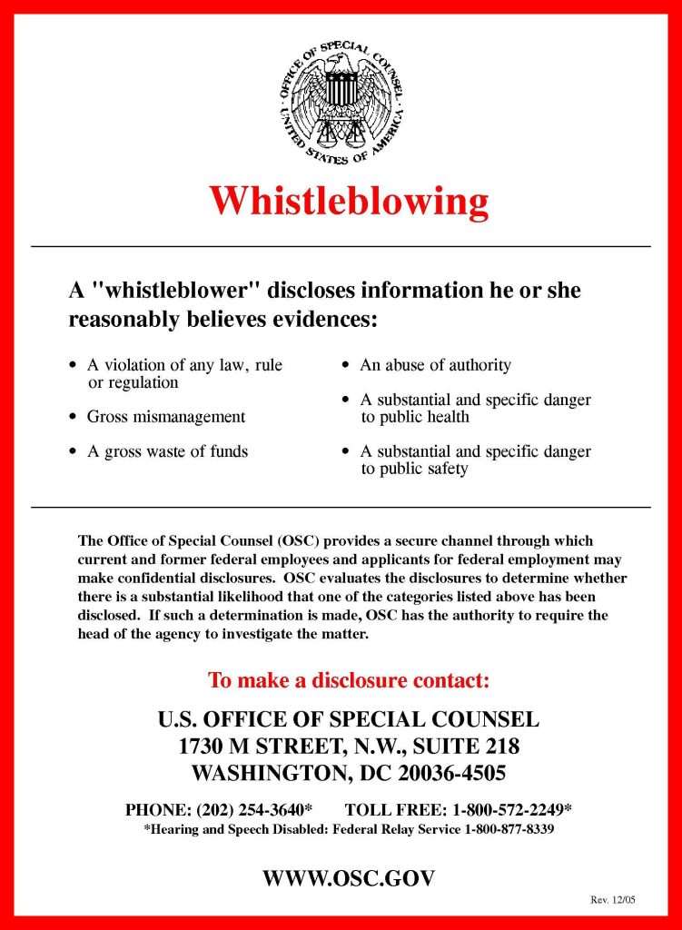 “Whistleblowing.pdf’” by United States Office of Special Counsel is in the Public Domain. Image showing a Whistleblowing notice