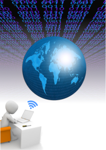 “informatics-1322241_1920.jpg” by mariojsantos at Pixabay.com is licensed under CC0 Illustration showing human figure sitting at desk with laptop, a large globe of earth floating above